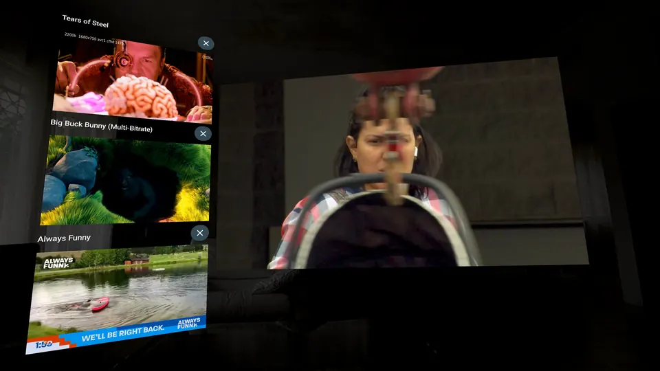 View from a Meta Quest: a large screen and a column of thumbnails floating in a living room.