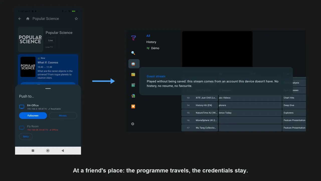 The phone sends a programme to someone else’s TV, which shows an ephemeral-playback notice.