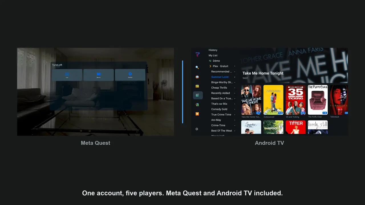 TuneLoft on Meta Quest on the left and on Android TV on the right, same account.