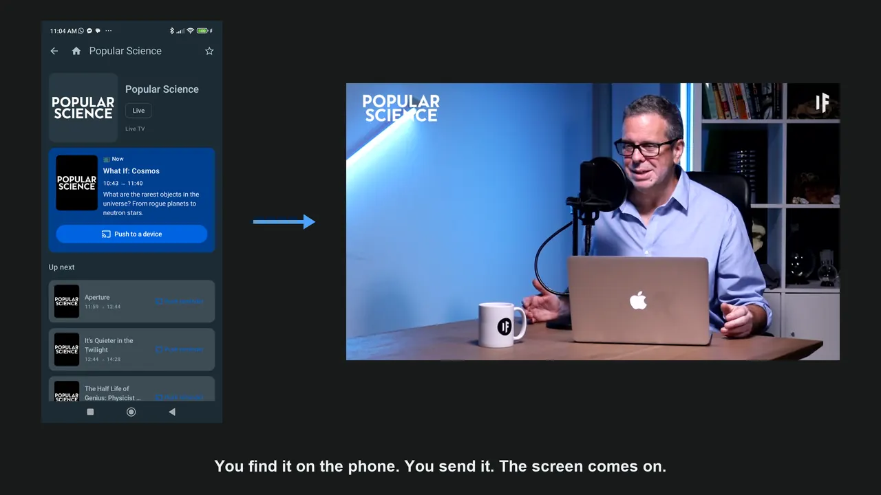 Left, a programme page in the phone app; right, the TV playing it.