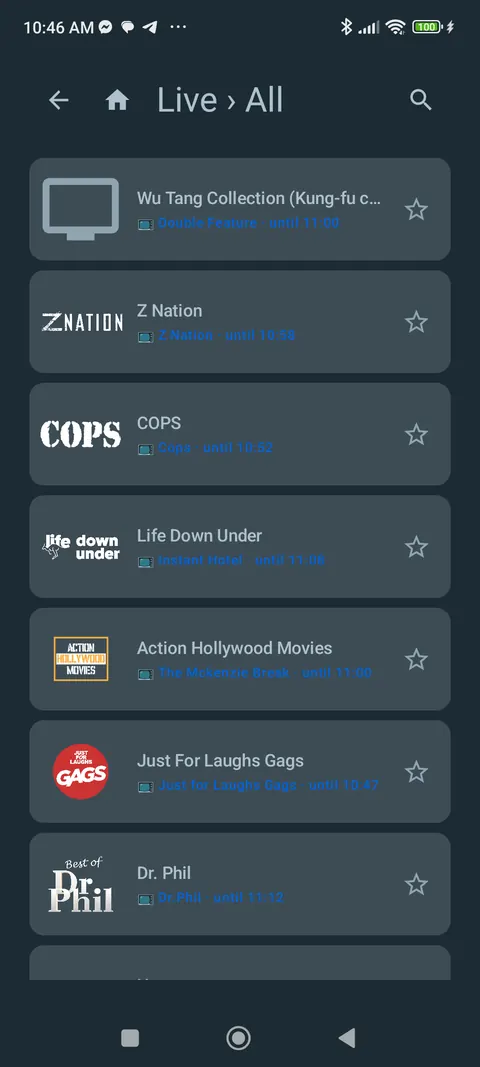 Live channel list in the phone app, a favourite star on each row.