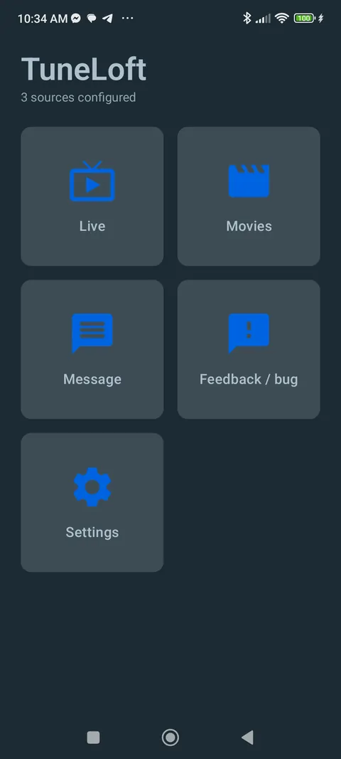 TuneLoft Companion home screen: Live, Movies, Message, Feedback / bug, Settings.