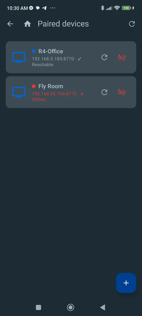 Paired devices list: one TV reachable, one offline.