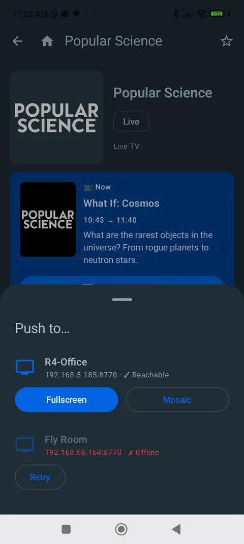 Programme page with the “Push to…” sheet: a TV, Fullscreen or Mosaic.