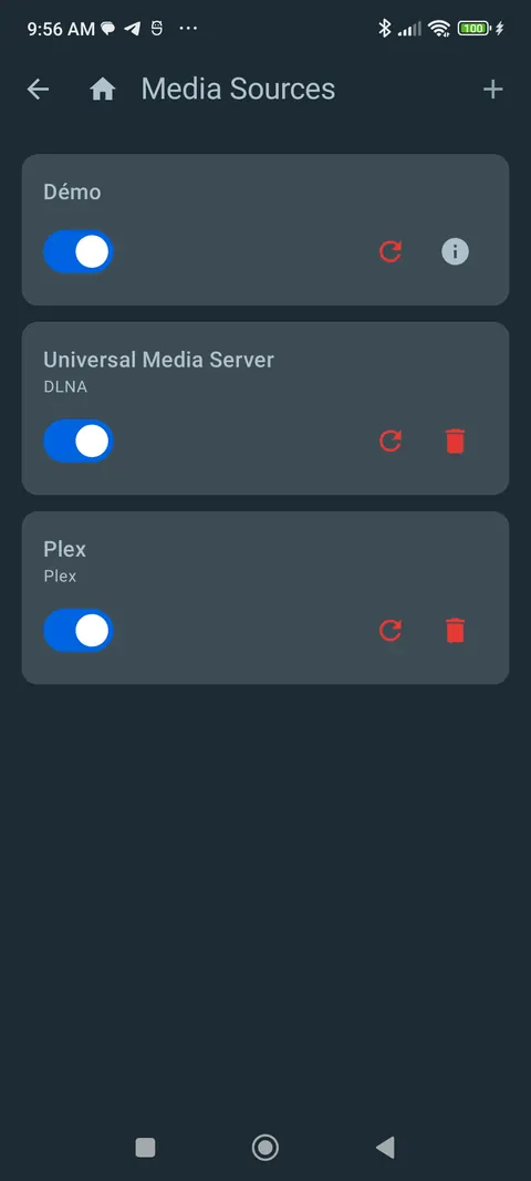 Media sources list: Demo, Universal Media Server (DLNA), Plex.