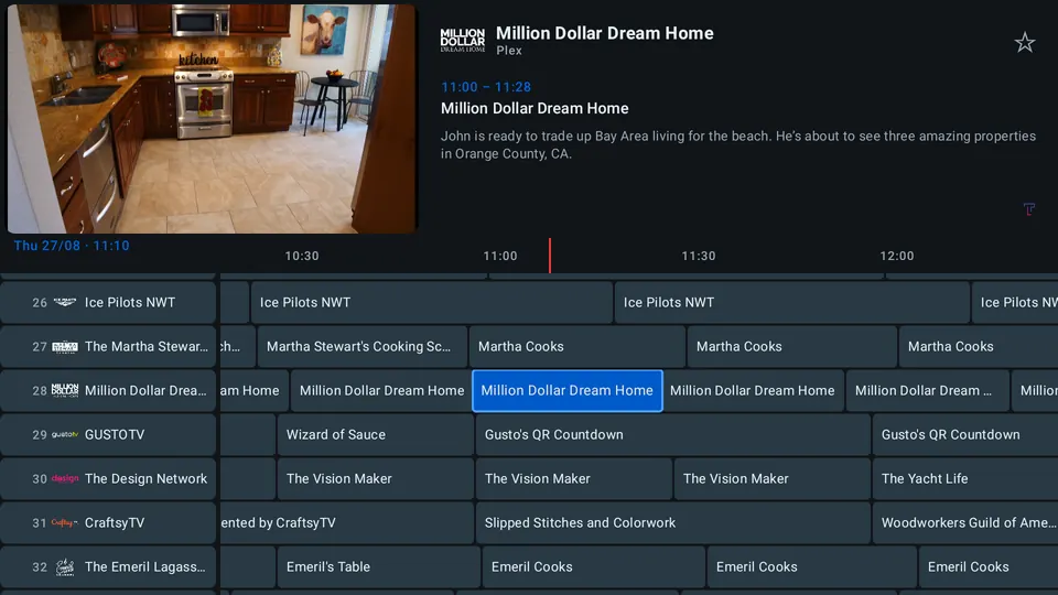 TuneLoft programme guide on Android TV: timeline grid with a video preview on top.