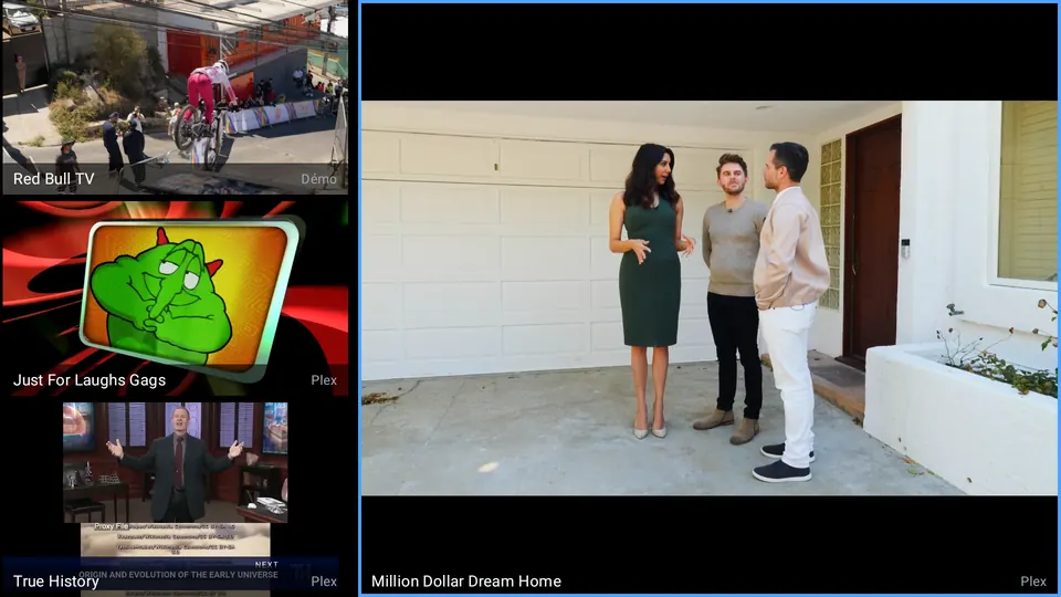 Mosaic of four videos on Android TV, labelled Demo and Plex, one enlarged on the right.