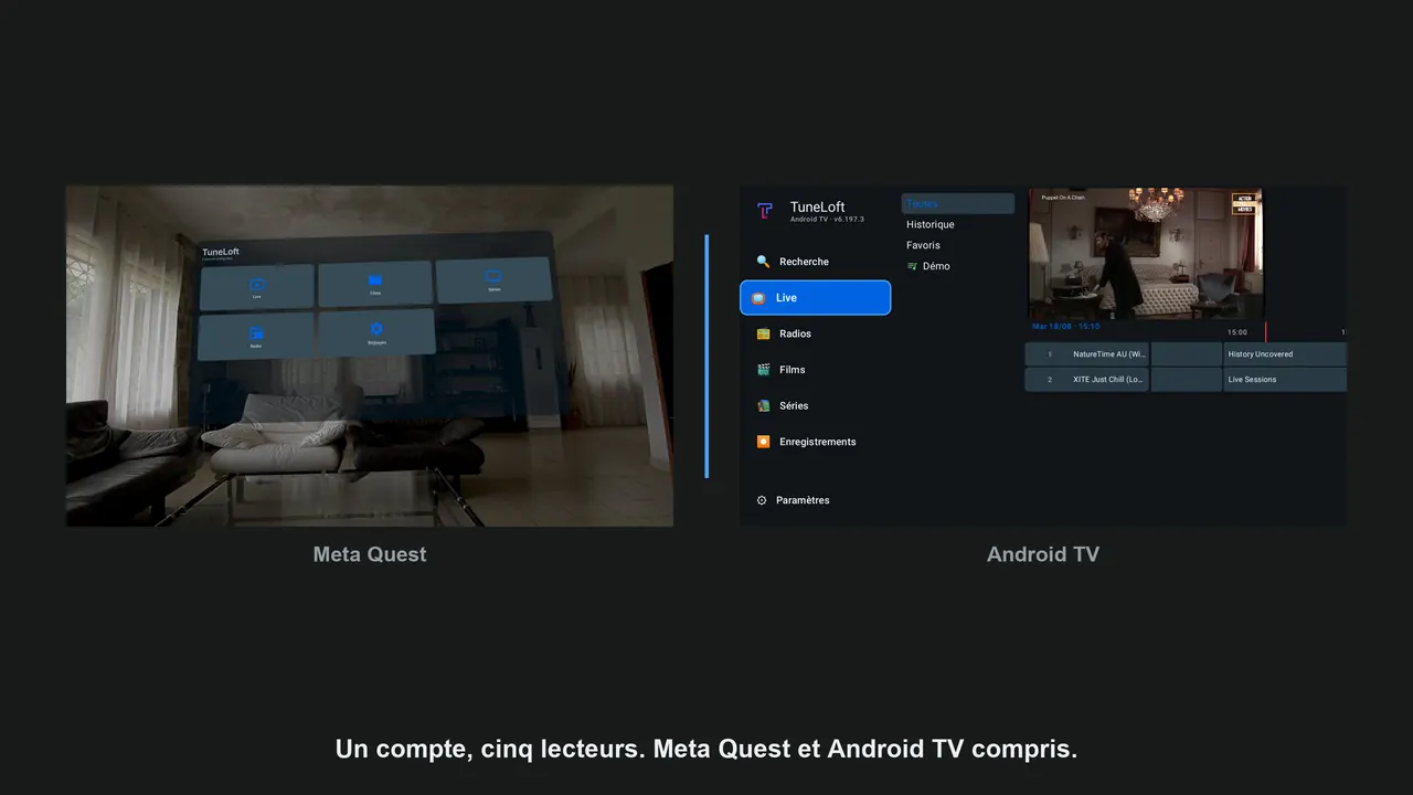 TuneLoft sur Meta Quest à gauche et sur Android TV à droite, avec le même compte.