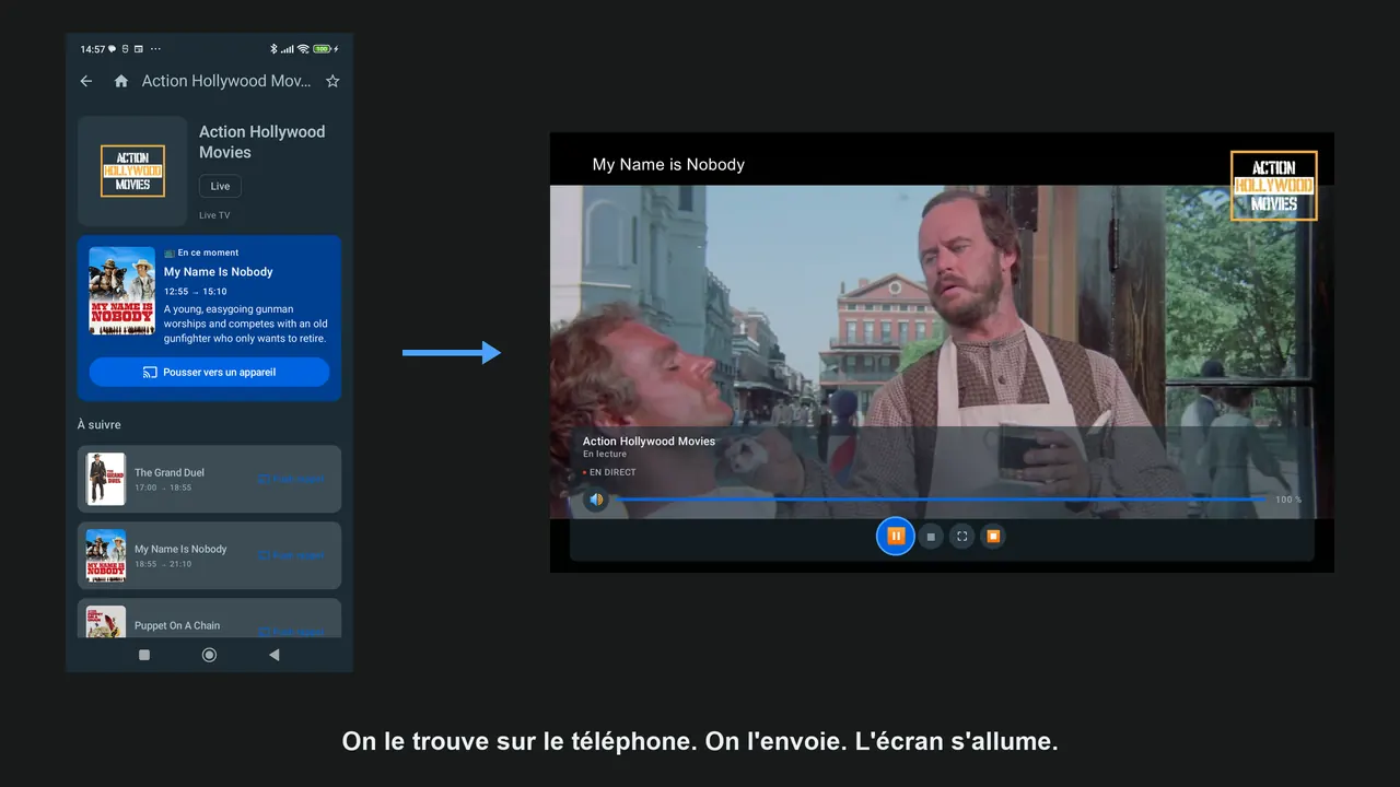 À gauche, la fiche d’un programme dans l’app téléphone ; à droite, la TV qui le lit.