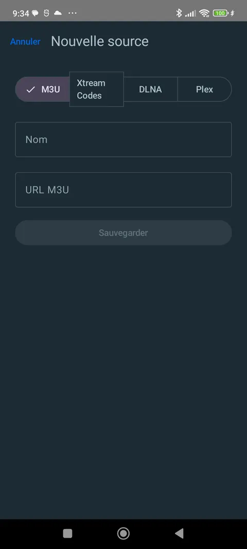 Formulaire « Nouvelle source » avec les onglets M3U, Xtream Codes, DLNA et Plex.