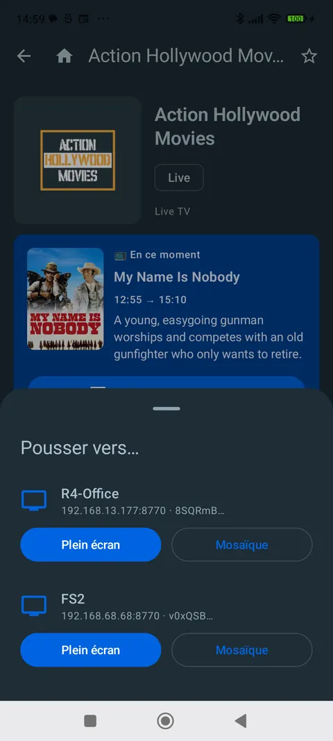 Fiche d’un programme avec le panneau « Pousser vers… » : deux TV, Plein écran ou Mosaïque.